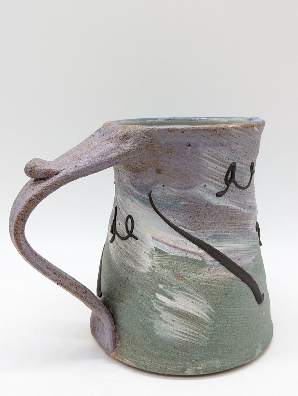 Green Purple Studio Art Ceramic Earthenware Handled Coffee Mug - Picture 3 of 9